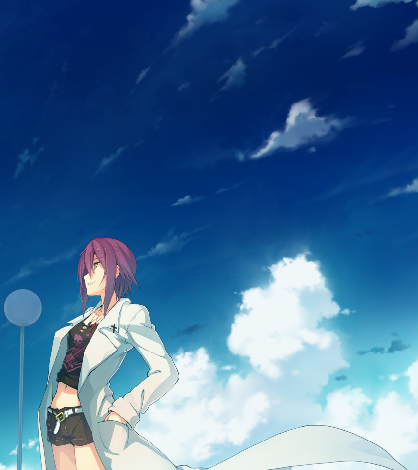 1girl, akinashi_yuu, ao_no_kanata_no_four_rhythm, belt, black_shorts, game_cg, hand_in_pocket, highres