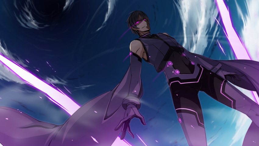 1boy, akinashi_yuu, ao_no_kanata_no_four_rhythm, black_hair, detached_sleeves, game_cg, gloves, outdoors