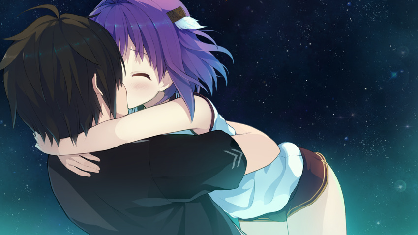 1boy, 1girl, akinashi_yuu, ao_no_kanata_no_four_rhythm, black_hair, black_shorts, closed_eyes, game_cg
