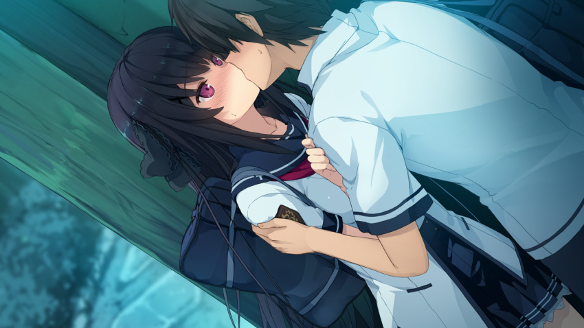 1boy, 1girl, akinashi_yuu, ao_no_kanata_no_four_rhythm, bag, black_hair, black_ribbon, blue_skirt