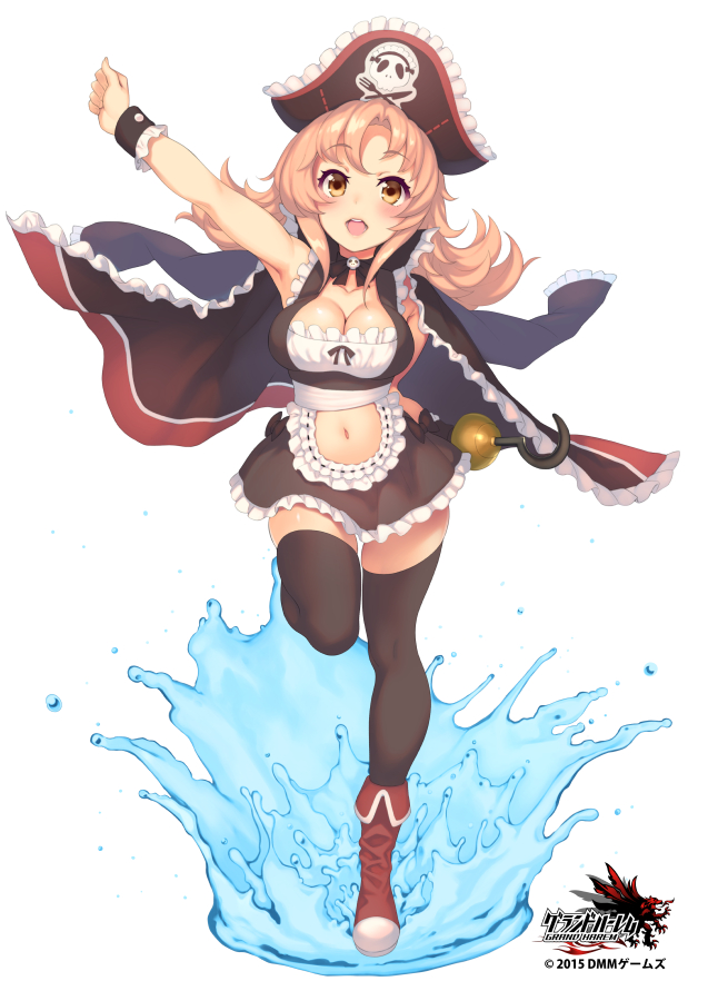 1girl, :d, arm_up, black_legwear, blonde_hair, boots, breasts, cape