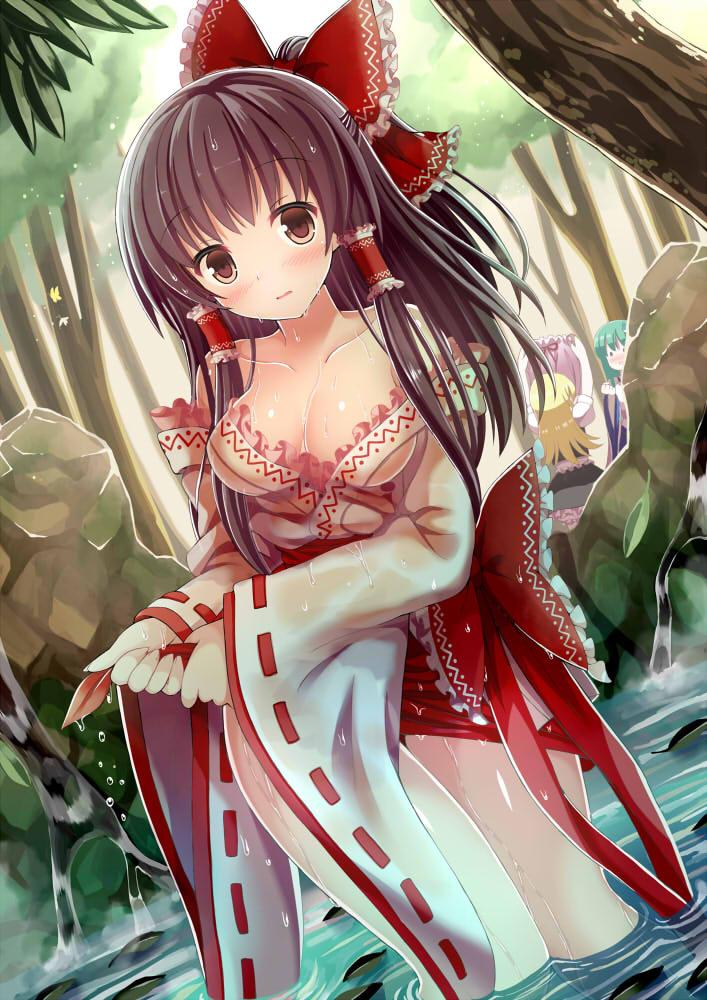 3girls, bare_shoulders, blonde_hair, bloomers, blush, bow, breasts, brown_eyes, brown_hair, cleavage, collarbone, frog_hair_ornament, givuchoko, green_hair, hair_bow, hair_ornament, hair_tubes, hakurei_reimu, holding_bloomers, jpeg_artifacts, kirisame_marisa, kochiya_sanae, large_breasts, long_hair, looking_at_viewer, multiple_girls, nature, off_shoulder, outdoors, red_bow, ribbon-trimmed_sleeves, ribbon_trim, standing, touhou, underwear, wading, water, wet, wet_clothes, wide_sleeves, wringing_clothes