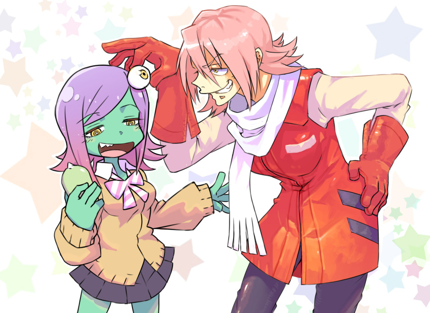 2girls, eyeball, flcl, gloves, green_skin, grin, haruhara_haruko, highres
