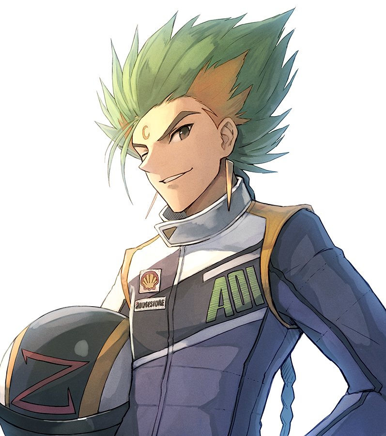 1boy, ;d, bleed_kaga, blonde_hair, bodysuit, braid, brown_eyes, clothes_writing, crescent, crescent_moon_symbol, earrings, eyebrows, facial_mark, facial_tattoo, forehead_mark, future_gpx_cyber_formula, green_hair, grin, headwear_removed, helmet, helmet_removed, holding_helmet, jewelry, long_hair, looking_at_viewer, male_focus, motorcycle_helmet, multicolored_hair, one_eye_closed, open_mouth, parted_lips, racing_suit, shell_(company), shizuma_yoshinori, simple_background, single_braid, smile, solo, spiky_hair, streaked_hair, tattoo, teeth, thick_eyebrows, white_background