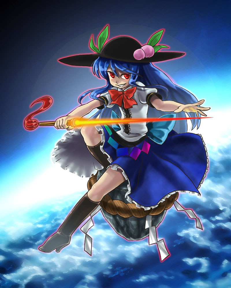 blue_hair, boots, cloud, food, fruit, hat, high_heels, hinanawi_tenshi