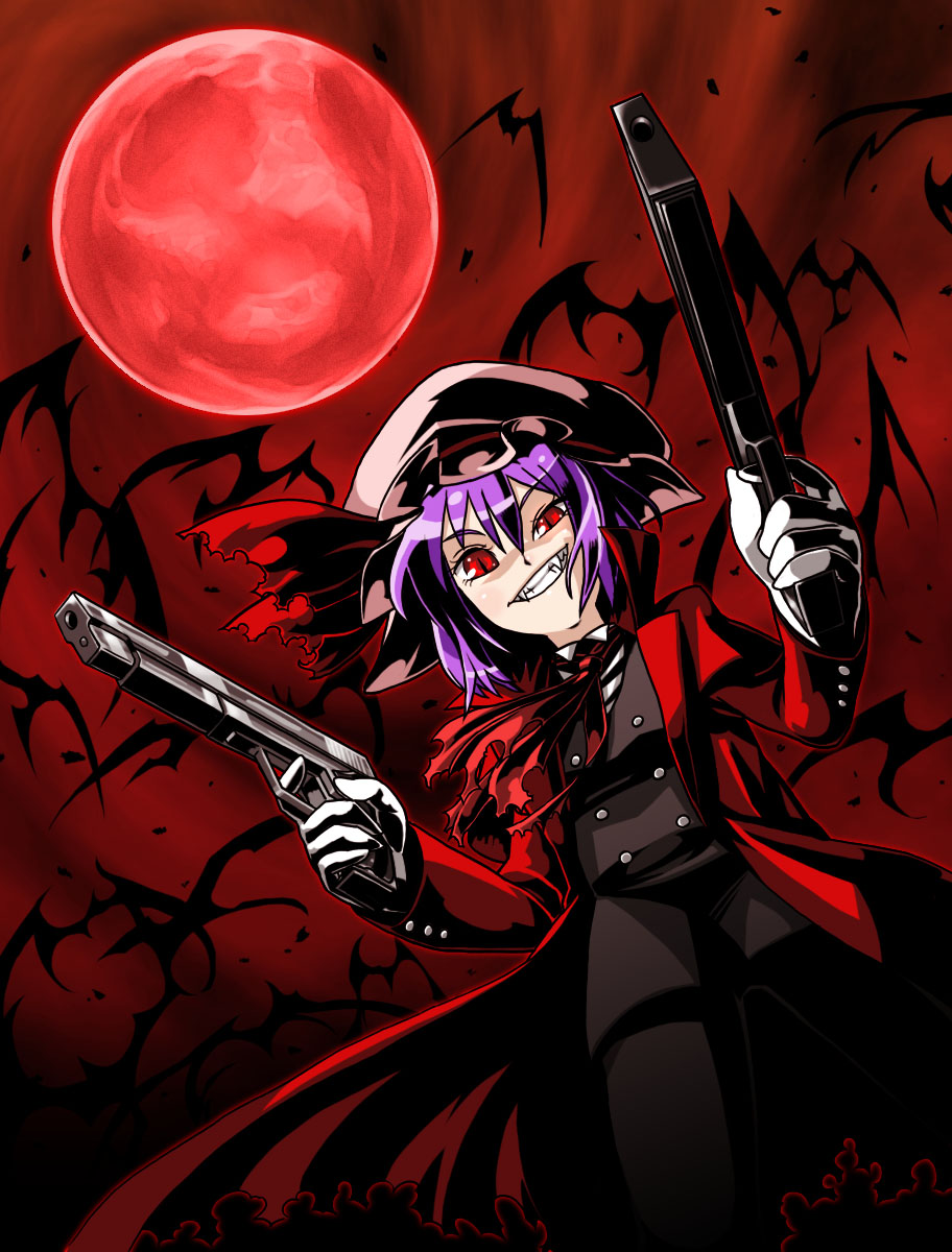 1girl, alucard_(hellsing), alucard_(hellsing)_(cosplay), ascot, cosplay, dual_wielding, fangs, formal