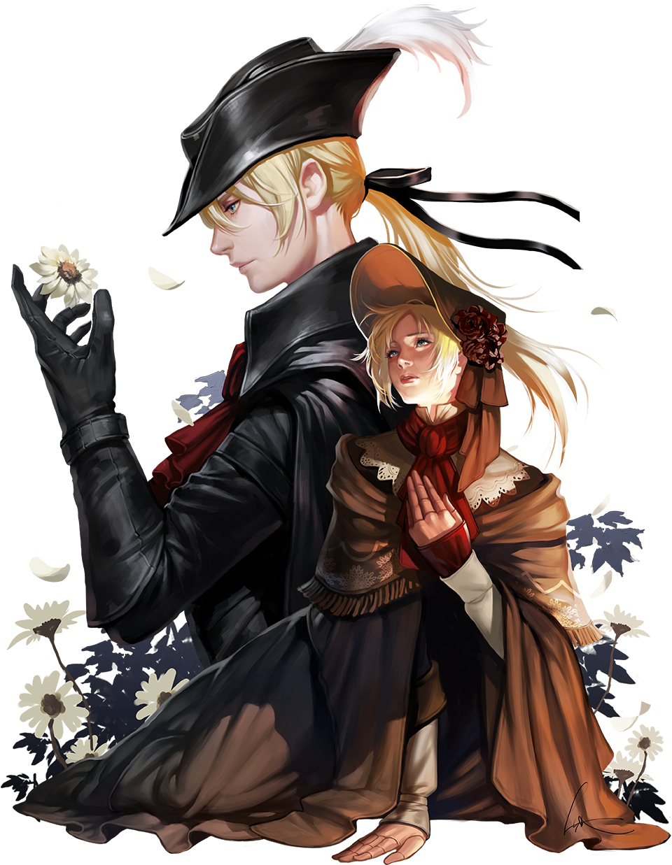 2girls, bangs, bloodborne, bonnet, cloak, doll_joints, flower, hat