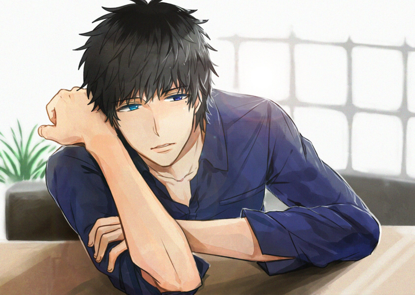 1boy, black_hair, blue_eyes, egu_(encore2), green_eyes, heterochromia, idolmaster, idolmaster_side-m, leaning_to_the_side, looking_to_the_side, male_focus, mole, mole_under_eye, multicolored_hair, solo, takajou_kyouji, two-tone_hair, window