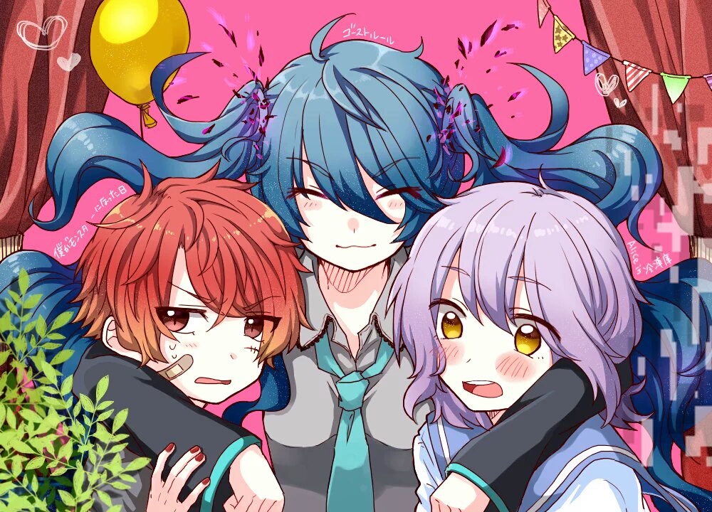 1boy, 2girls, :3, alternate_costume, alternate_hair_length, alternate_hairstyle, arms_around_neck, balloon, bandaid, bandaid_on_face, beniya_(reito43), blush, blush_stickers, closed_eyes, curtains, detached_sleeves, fukase, green_hair, hatsune_miku, heart, ia_(vocaloid), irritated, japanese, multiple_girls, nail_polish, necktie, pink_background, purple_hair, red_eyes, redhead, scarf, school_uniform, smile, song_name, sweatdrop, translated, twintails, vocaloid