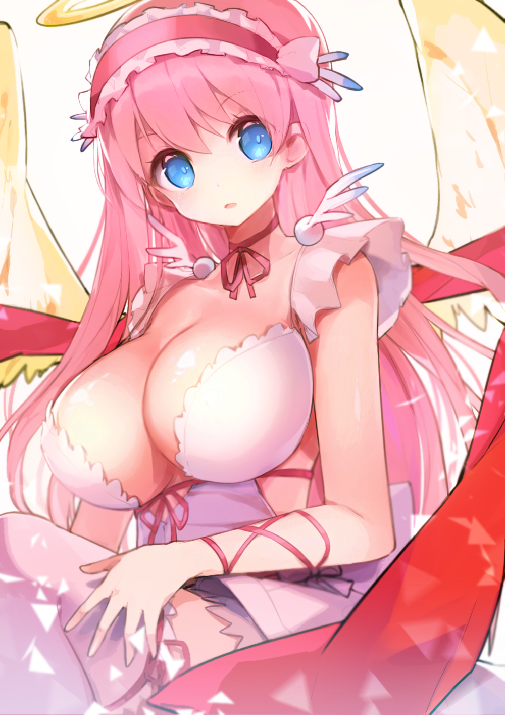 1girl, arm_ribbon, bangs, blue_eyes, breasts, cleavage, dress, feathered_wings