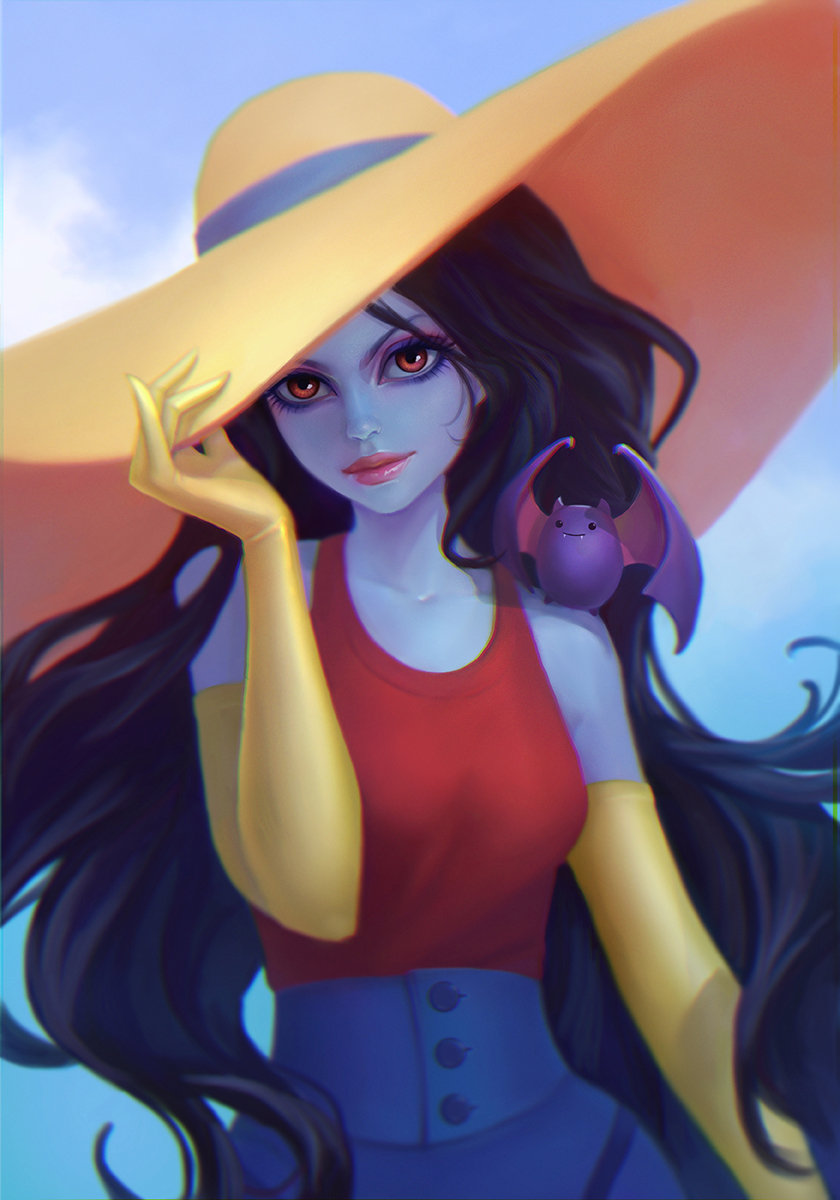 1girl, adjusting_clothes, adjusting_hat, adventure_time, animal, animal_on_shoulder, bat, black_hair, elbow_gloves, gloves, grey_skin, hat, highres, lagunaya, large_hat, lipstick, long_hair, makeup, marceline_abadeer, red_eyes, red_lipstick, solo, sun_hat, tank_top, very_long_hair, yellow_gloves