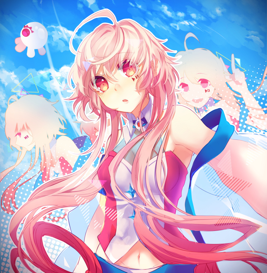 1girl, :o, clouds, cloudy_sky, gradient_hair, highres, index_finger_raised, kirame_kirai