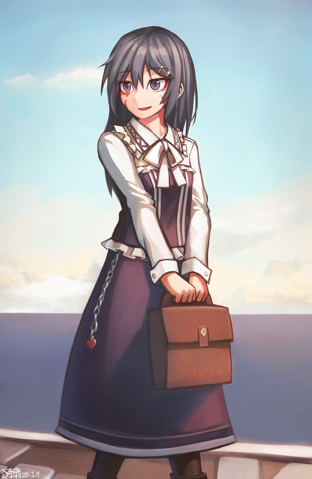 1girl, bag, black_hair, burn_scar, chain, dorei_to_no_seikatsu_~teaching_feeling~, hair_ornament, hairclip, heart, highres, holding_bag, long_hair, long_skirt, long_sleeves, looking_to_the_side, pantyhose, ribbon, satchel, scar, signature, skirt, skirt_set, sky, smile, solo, sylvie_(dorei_to_no_seikatsu), v_arms, violet_eyes, walking, yip