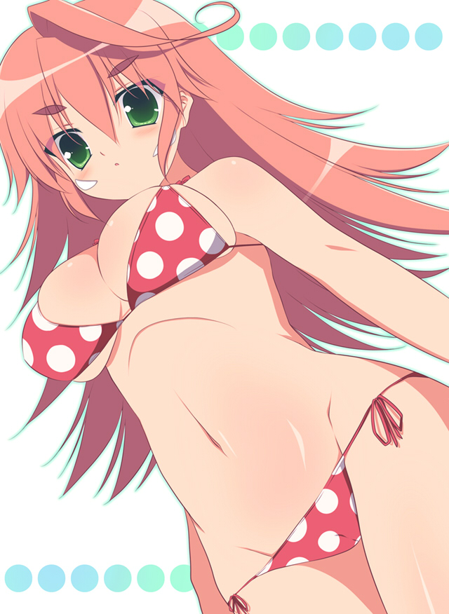 from_below, green_eyes, kemeko_deluxe, long_hair, mm, polka_dot, polka_dot_bikini, polka_dot_swimsuit, red_hair, redhead, sumii, swimsuit