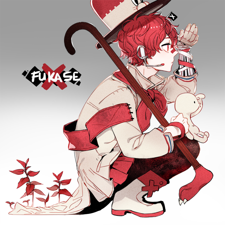 1boy, bandaid, bandaid_on_nose, boots, character_name, coat, flag, from_side, fukase, head_flag, headset, mini_flag, point_(vocaloid), red_eyes, redhead, squatting, verus, vocaloid