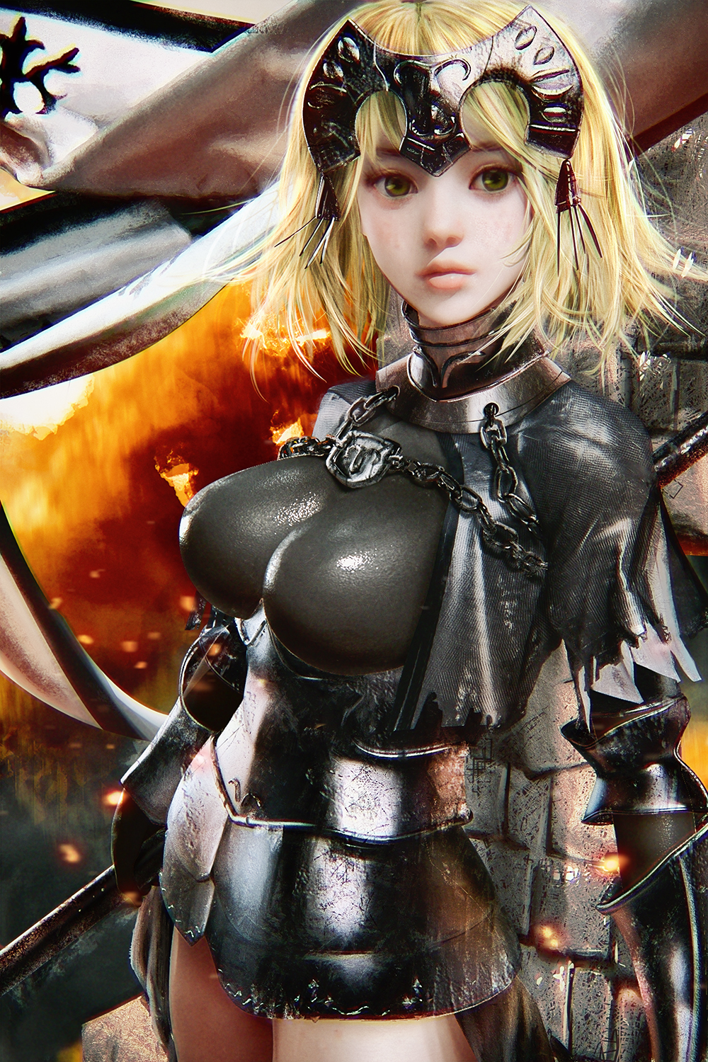 1girl, armor, armored_corset, blonde_hair, blush, breasts, capelet, chain