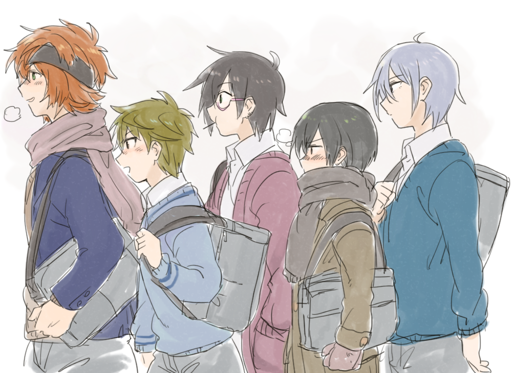 5boys, akiyama_hayato, black_hair, blue_hair, blush, breath, cowboy_shot, doodle, from_side, fuyumi_jun, gloves, green_hair, high_x_joker, idolmaster, idolmaster_side-m, iseya_shiki, male_focus, multiple_boys, orange_hair, pink-framed_glasses, sakaki_natsuki, sano_(splina), scarf, sweatband, wakazato_haruna, walking, winter_clothes