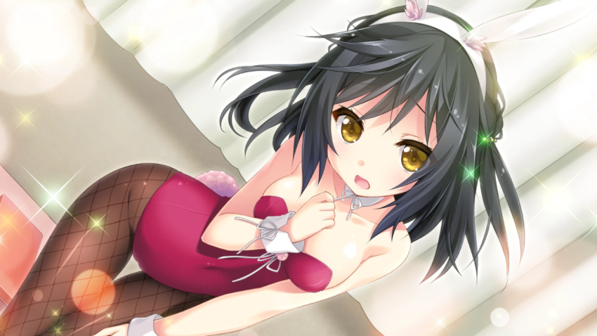 1girl, animal_ears, bare_shoulders, black_hair, breasts, bunny_girl, bunny_tail, bunnysuit