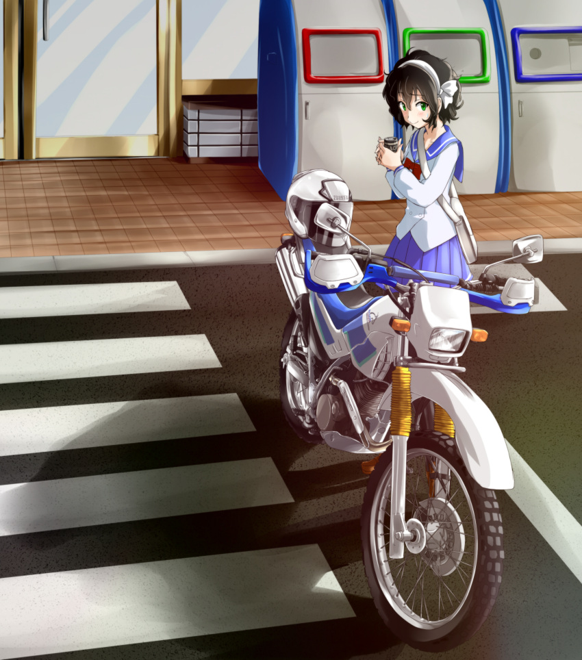 1girl, absurdres, amano_onsa, bag, bakuon!!, black_hair, bookbag, canned_coffee