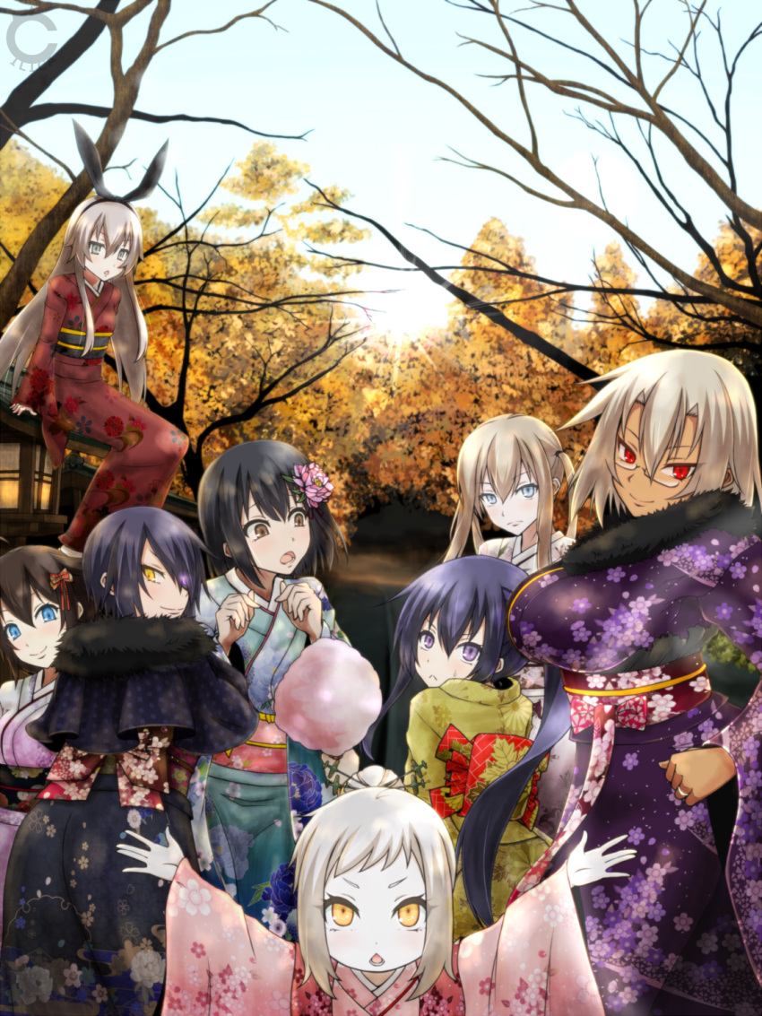 6+girls, :<, ahoge, airplane, akebono_(kantai_collection), alternate_costume, alternate_hairstyle, black_hair