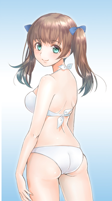 1girl, aqua_eyes, ass, bikini, brown_hair, georgette_lemare, hair_ribbon, looking_at_viewer