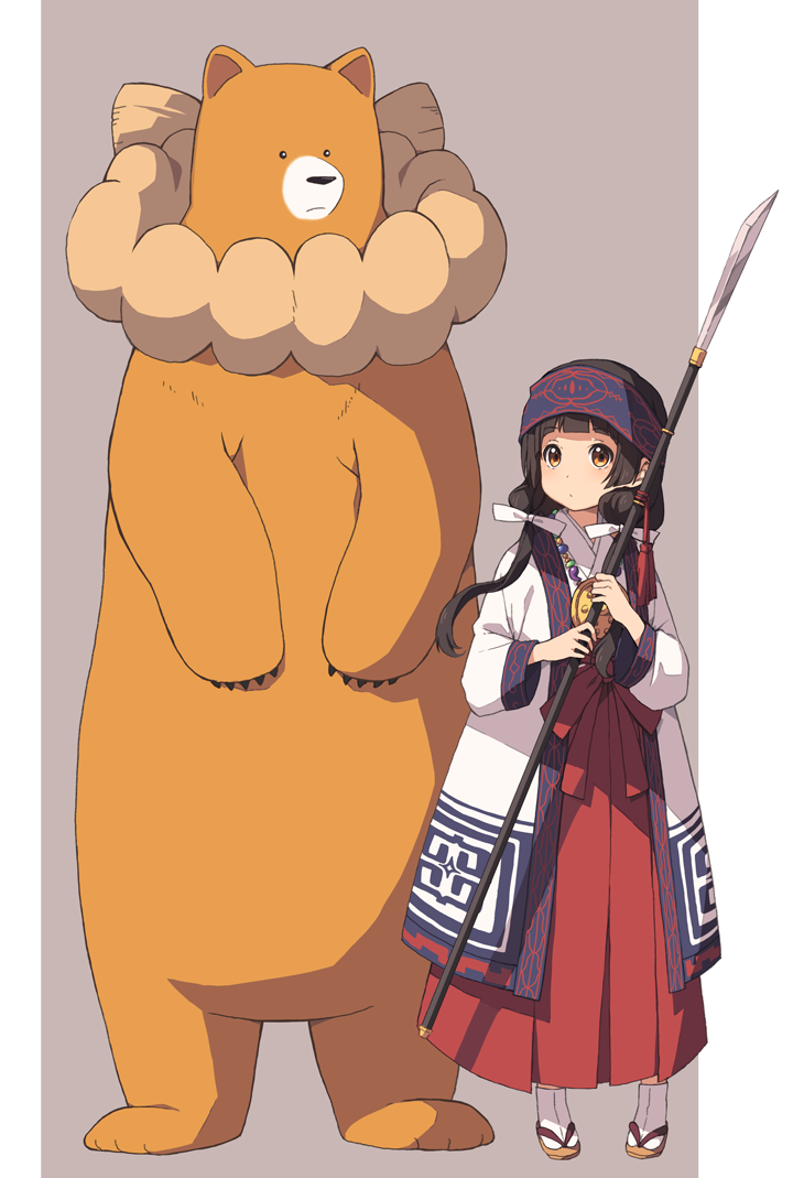 1girl, :o, amayadori_machi, bear, black_hair, brown_eyes, headband, japanese_clothes