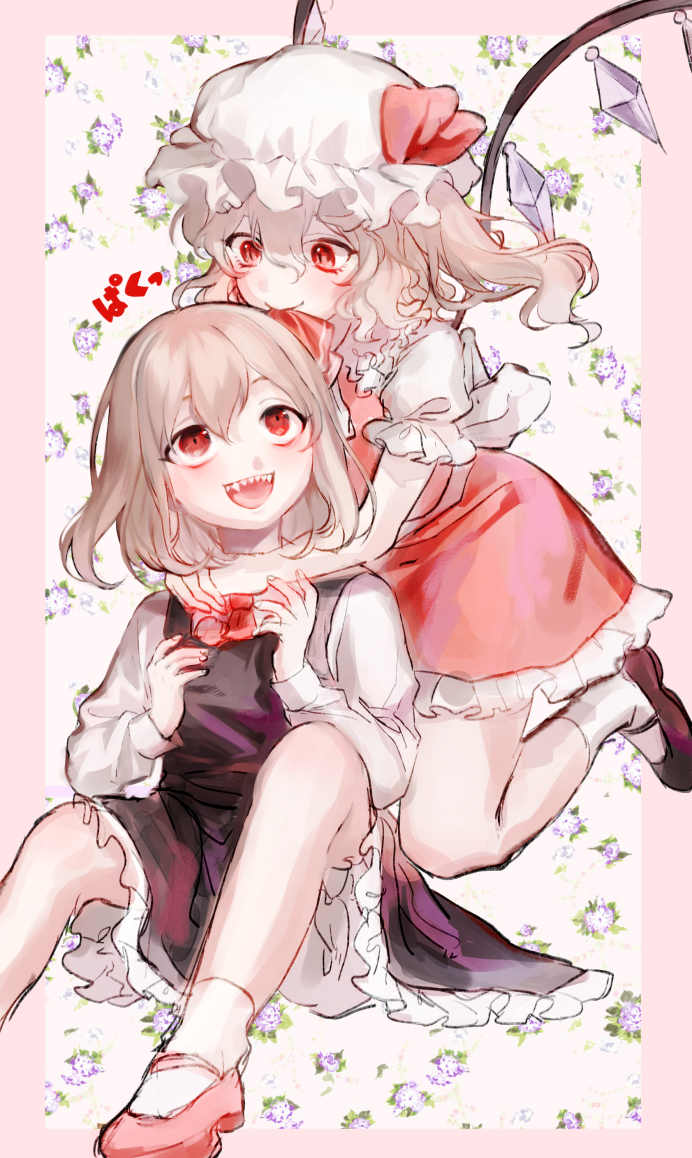 2girls, :d, arms_around_neck, black_dress, black_shoes, black_skirt, blonde_hair, bloomers