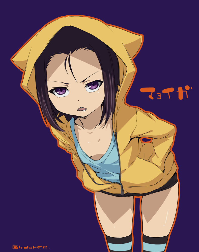 1girl, animal_hood, black_hair, downblouse, hands_in_pockets, hood, jacket, leaning_forward, lion_(mayoiga), mayoiga, mudou_eichi, open_mouth, shorts, solo, striped, striped_legwear, thigh-highs, violet_eyes