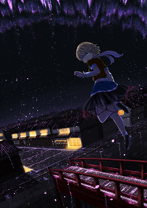 1girl, architecture, arm_at_side, arm_warmers, back, bangs, black_shoes, blonde_hair