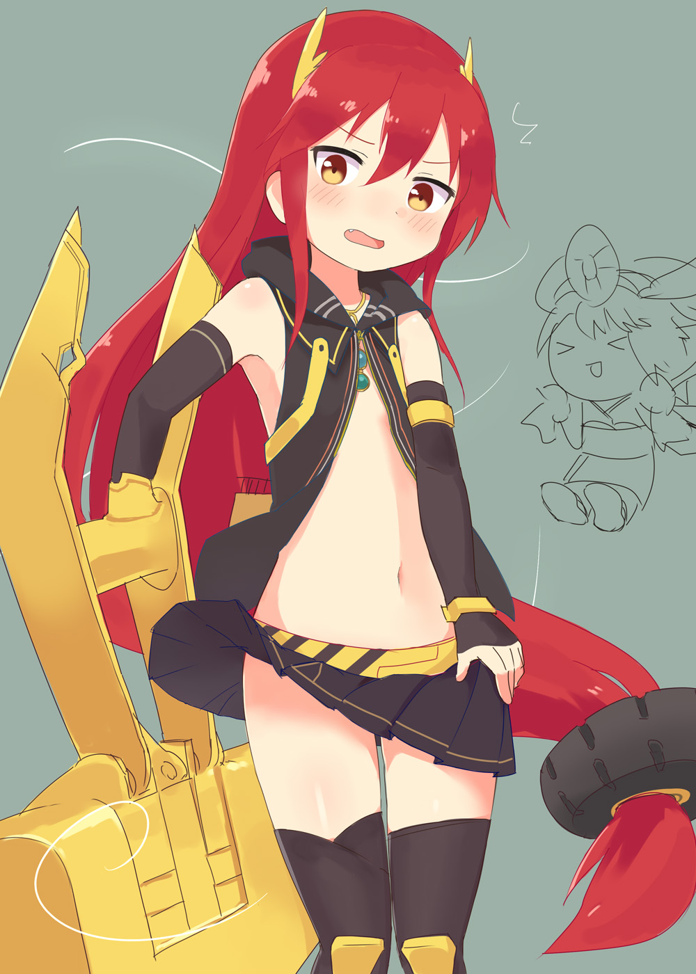 1girl, assisted_exposure, blush, covering, embarrassed, excavator, fang, flat_chest