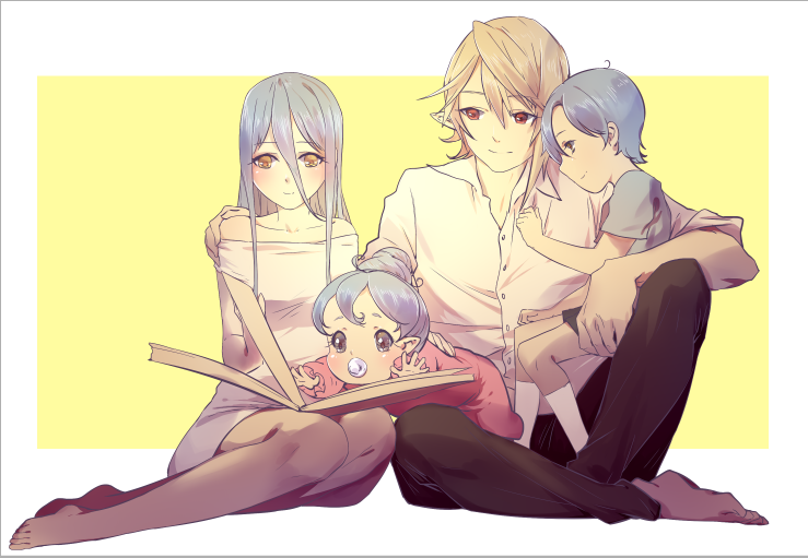 2boys, 2girls, airrabbityan, aqua_(fire_emblem_if), baby, barefoot, blonde_hair, blue_eyes, blue_hair, blush, child, commentary_request, dress_shirt, family, father_and_daughter, father_and_son, fire_emblem, fire_emblem_if, hair_bun, husband_and_wife, kanna_(fire_emblem_if), kneehighs, mother_and_daughter, mother_and_son, multiple_boys, multiple_girls, my_unit_(fire_emblem_if), nintendo, pacifier, pointy_ears, reading, red_eyes, shigure_(fire_emblem_if), shirt, sitting, socks, yellow_eyes