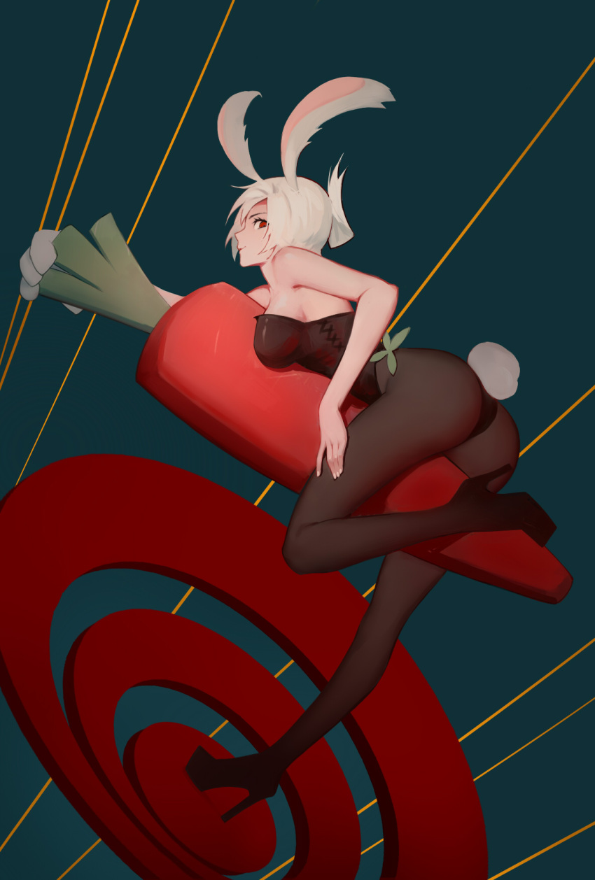 1girl, akumey, ass, bare_shoulders, breasts, bunnysuit, carrot, high_heels