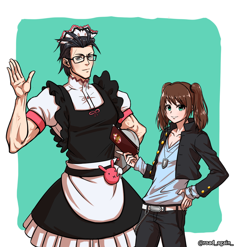 2boys, :x, apron, artist_name, belt, belt_buckle, black-framed_glasses, black_hair