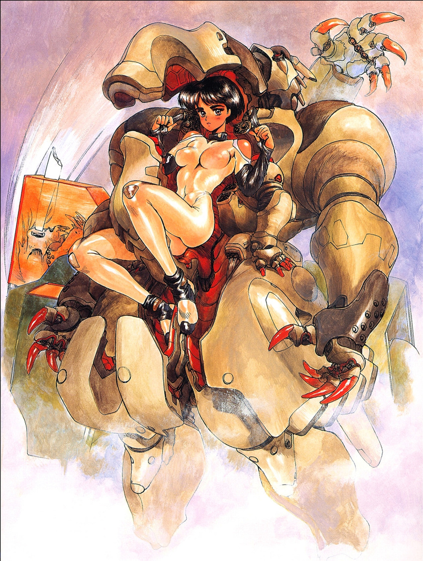 1girl, 80s, appleseed, bodysuit, briareos_hecatonchires, fingerless_gloves, gloves, highres, hitomi_(appleseed), impossible_bodysuit, intron_depot, looking_at_viewer, oldschool, shirou_masamune, short_hair, skinny