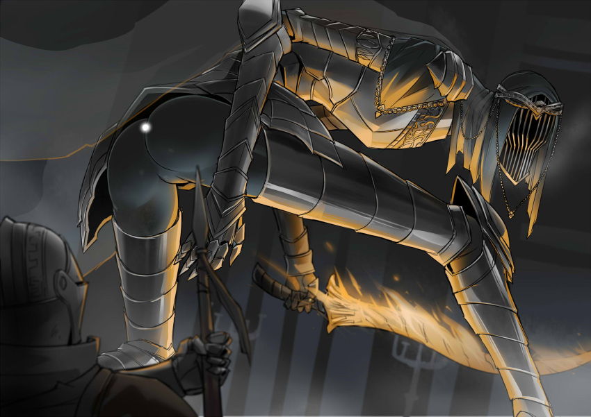 1girl, ass, bodysuit, dancer_of_the_boreal_valley, dark_souls, dark_souls_iii, exaxuxer, flaming_sword