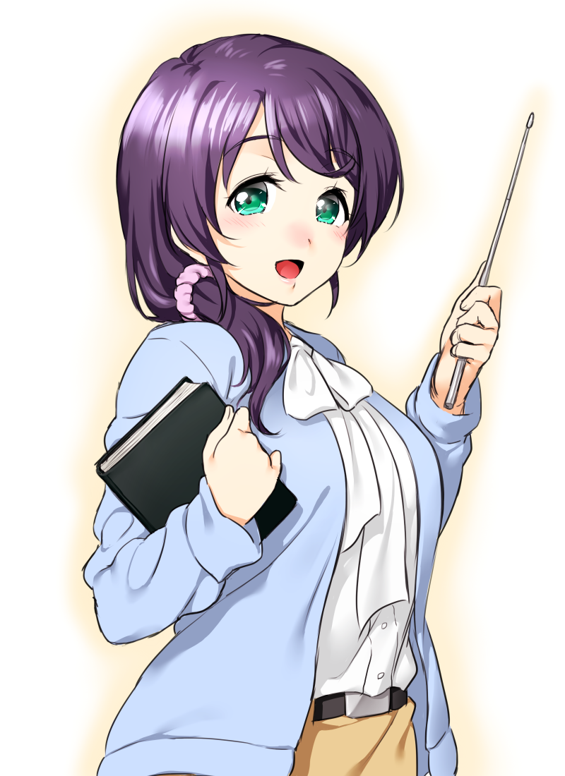1girl, :d, belt, blue_jacket, book, cosplay, ellen_baker, ellen_baker_(cosplay)