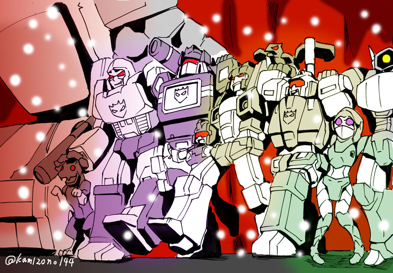 1girl, 6+boys, 80s, airplane, arm_cannon, artist_name, bird, blitzwing
