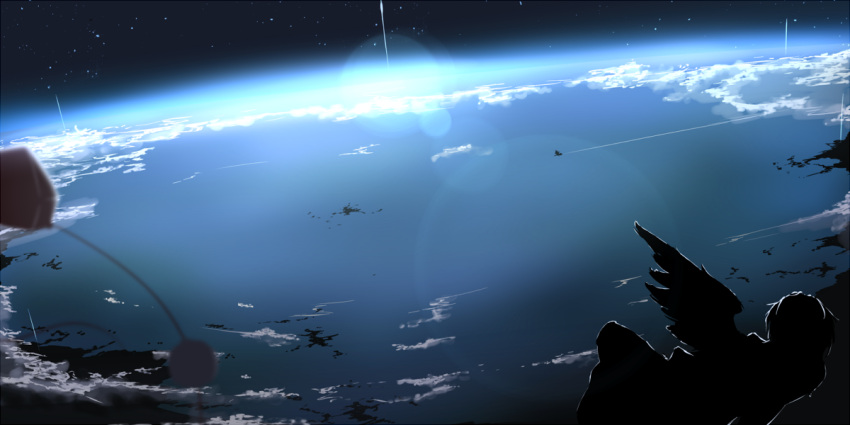 2girls, clouds, condensation_trail, continents, crossed_legs, earth, feathered_wings, floating