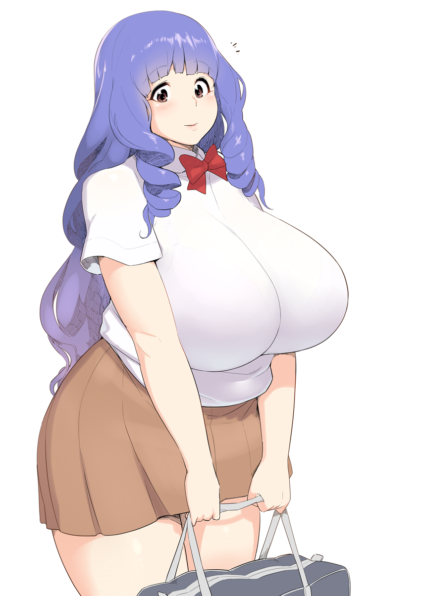 1girl, bag, breasts, brown_hair, drill_hair, fat, gigantic_breasts, hakai_shin