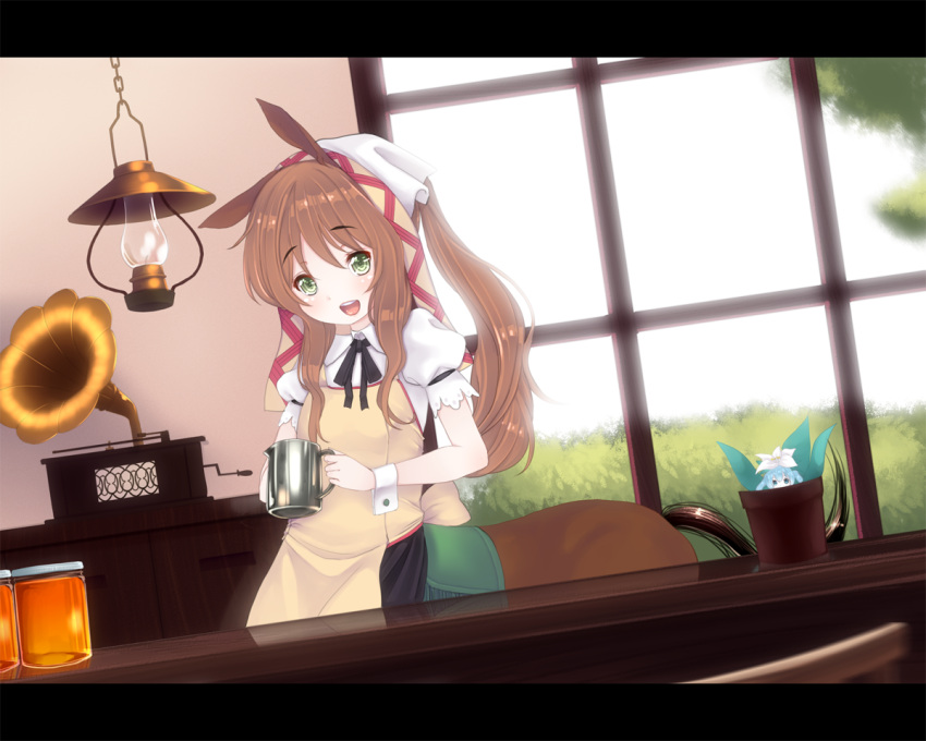 1girl, animal_ears, brown_eyes, centaur, counter, dutch_angle, fairy, green_eyes