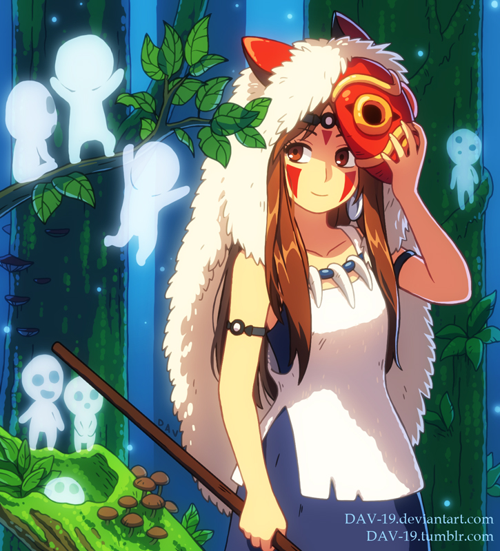 1girl, :d, alternate_hair_length, alternate_hairstyle, armlet, artist_name, bare_shoulders, blue_dress, branch, brown_eyes, brown_hair, circlet, collarbone, cowboy_shot, creature, dav-19, deviantart_username, dress, earrings, empty_eyes, facepaint, forest, fur_cape, hanging_on_tree, jewelry, kodama, log, long_hair, looking_at_viewer, mask, mask_removed, mononoke_hime, moss, mushroom, nature, necklace, open_mouth, outdoors, plant, san, skirt, sleeveless, smile, tooth_necklace, tree, walking_stick, watermark, web_address