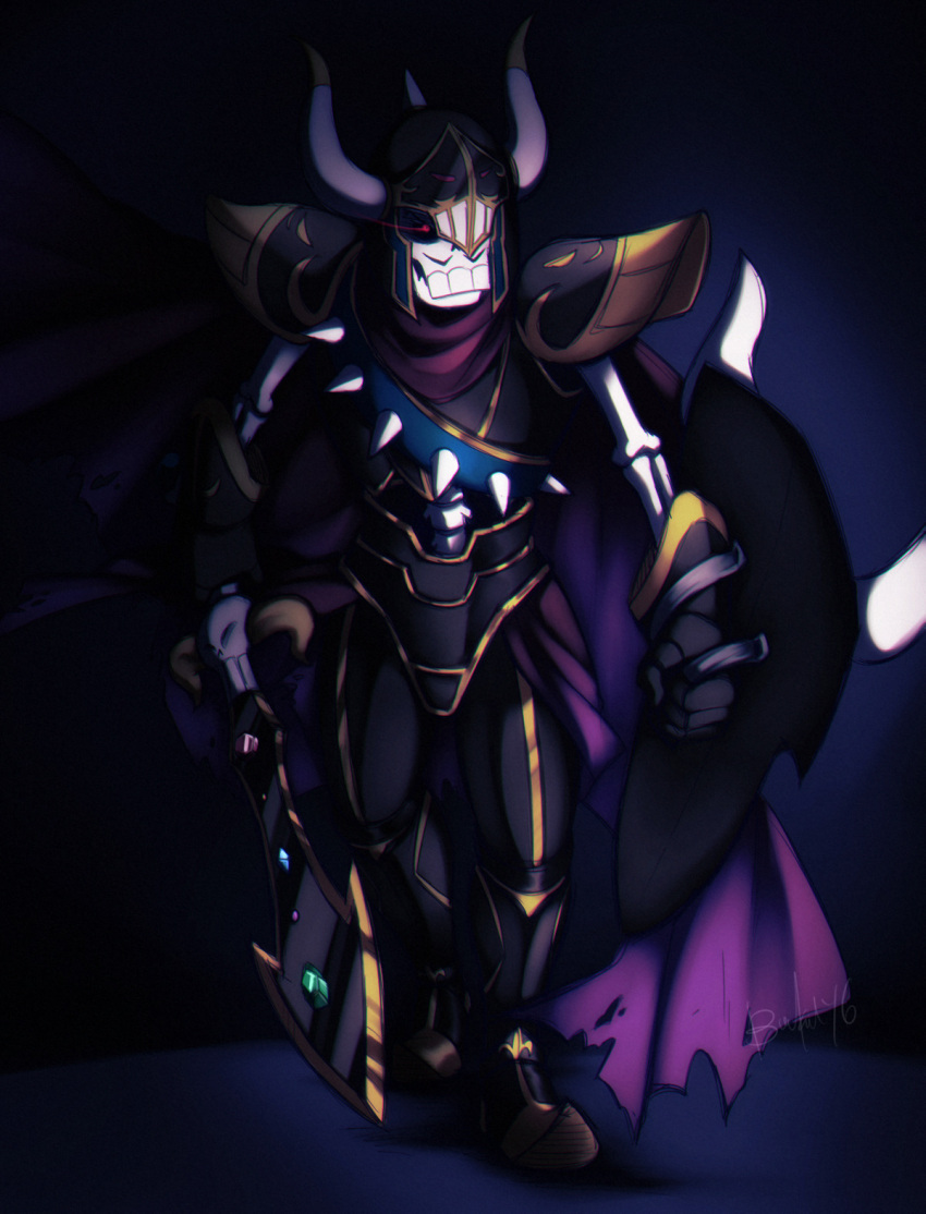 1boy, 2016, armor, artist_name, bechno_kid, blue_background, cape, facial_hair