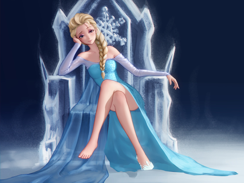 1girl, bare_shoulders, barefoot, blonde_hair, blue_eyes, braid, cape, crossed_legs
