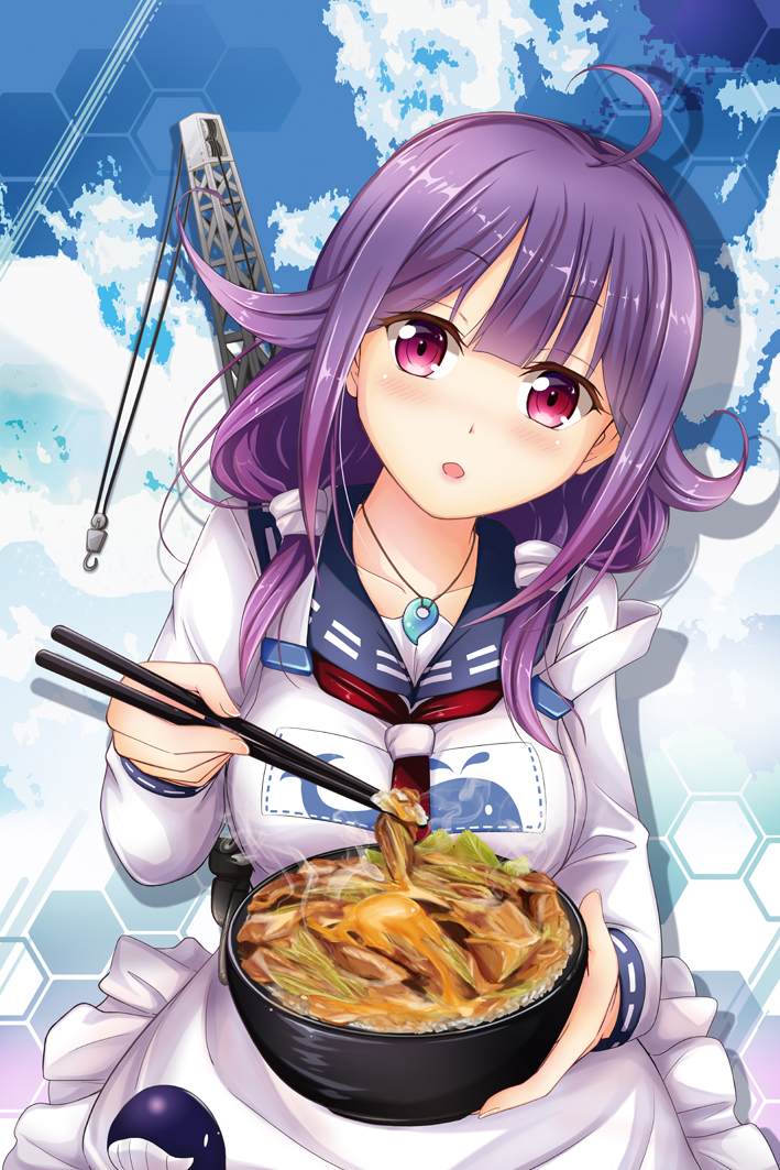 1girl, ahoge, apron, blue_sky, blush, bowl, breasts, chopsticks