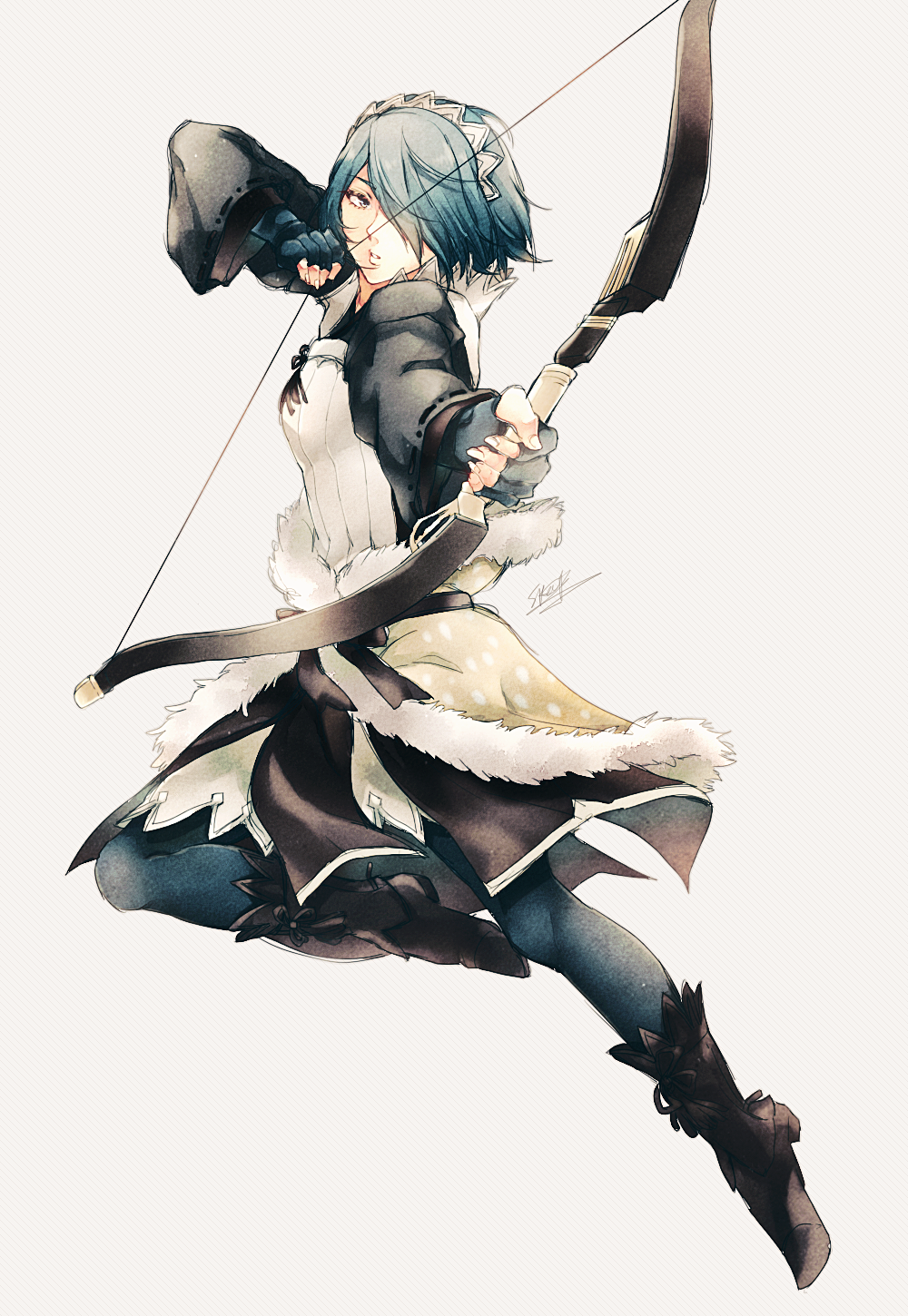 1girl, blue_eyes, blue_hair, boots, bow_(weapon), fingerless_gloves, fire_emblem, fire_emblem_if, full_body, gloves, hair_over_one_eye, hairband, highres, jj_(angelacademy), open_mouth, setsuna_(fire_emblem_if), short_hair, simple_background, solo, weapon