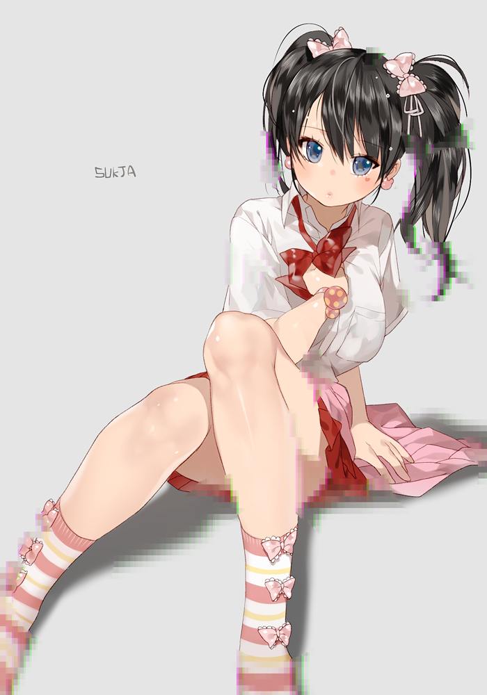 1girl, black_hair, blue_eyes, censored, earrings, fake_censor, heart, jewelry, kneehighs, looking_at_viewer, mosaic_censoring, original, pointless_censoring, school_uniform, sitting, skirt, solo, sukja, twintails