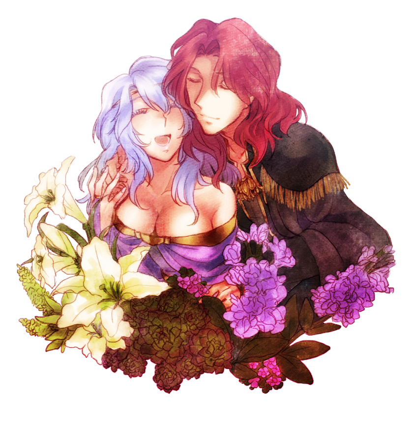 1boy, 1girl, :d, ^_^, ^o^, alvis_(fire_emblem), bare_shoulders, breasts, bridal_gauntlets, circlet, cleavage, closed_eyes, diadora_(fire_emblem), dress, fire_emblem, fire_emblem:_seisen_no_keifu, flower, hako_(grungrrr), lavender_hair, long_hair, open_mouth, purple_hair, redhead, robe, smile, strapless, strapless_dress