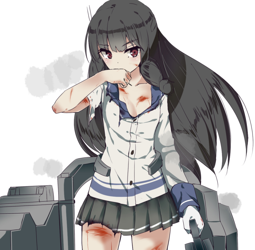 1girl, black_hair, blood, cowboy_shot, gloves, heavens_thunder_(byakuya-part2), injury, isokaze_(kantai_collection)