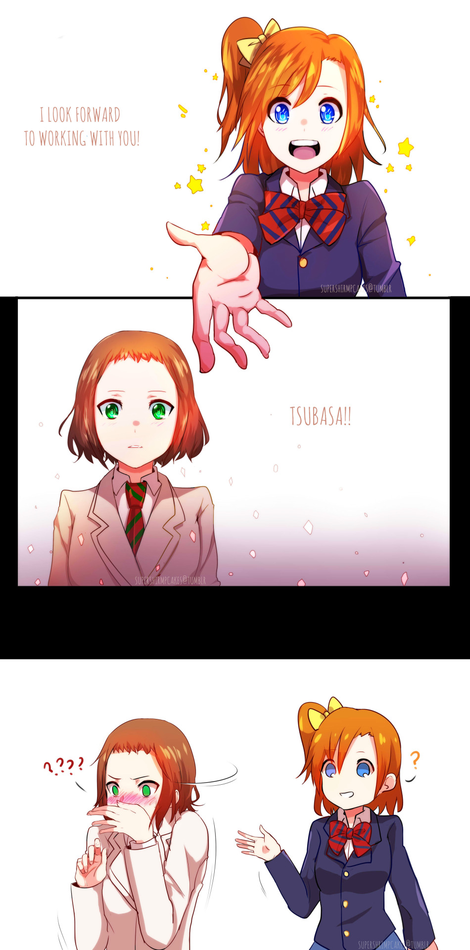 2girls, ??, artist_name, blue_eyes, blush, brown_hair, comic, covering_mouth