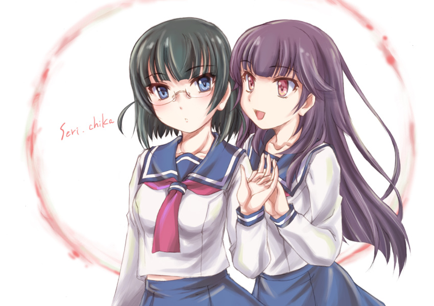 2girls, :d, bangs, black_hair, blue_eyes, blue_skirt, blunt_bangs, blush